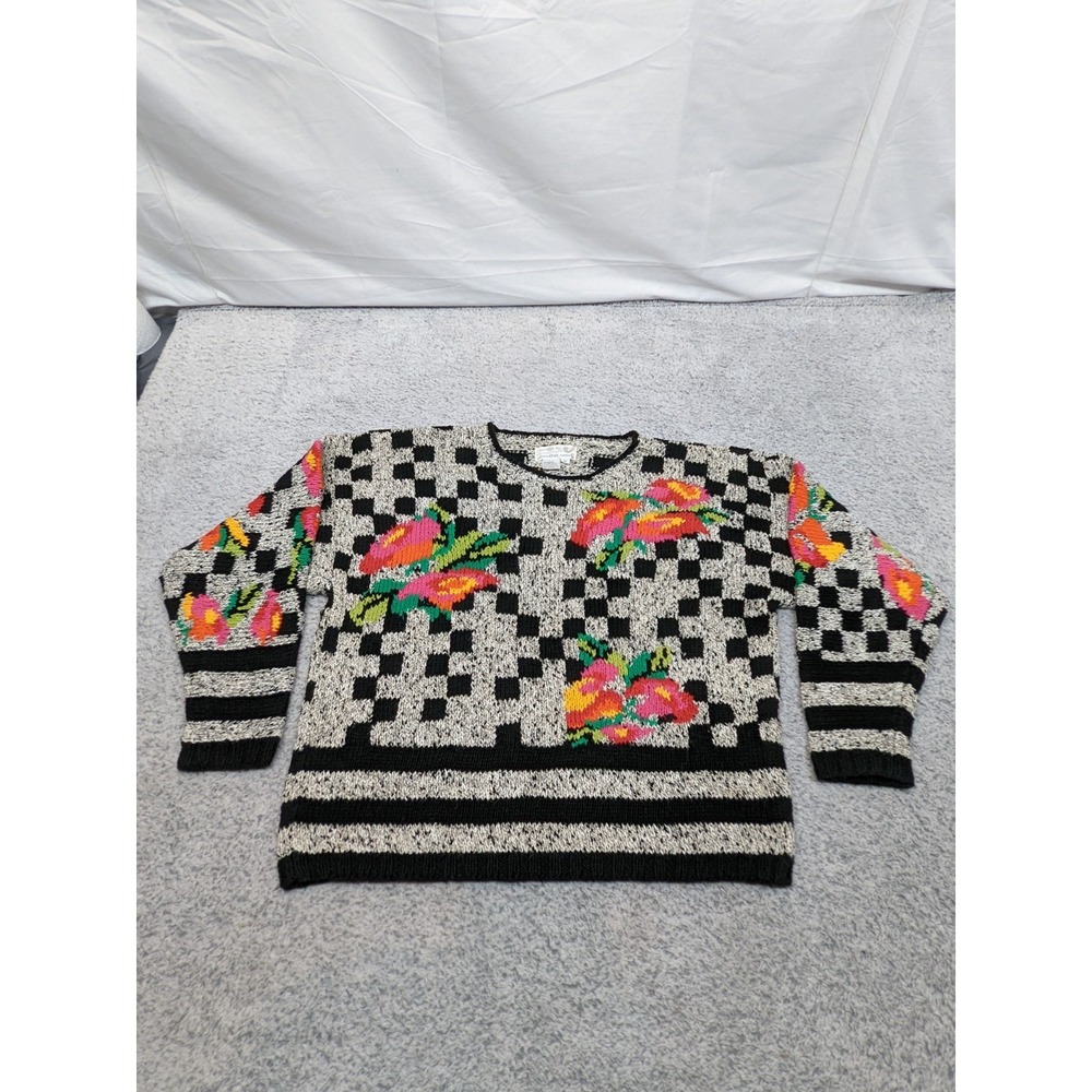 Vintage 80s Jennifer Reed Sweater Medium Floral Checkerboard Knit Hong Kong Rare